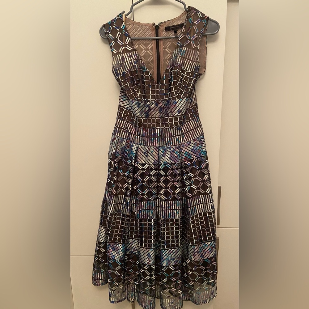 BCBGMaxAzria Black, Purple and Blue Geometric Midi Dress